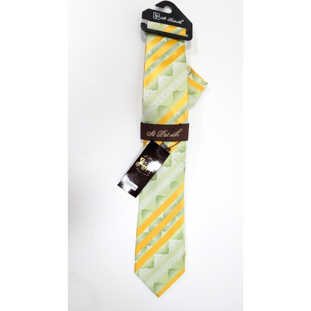 Mens St Patrick Green Yellow Stripe Pattern Tie With Matching Pocket Square